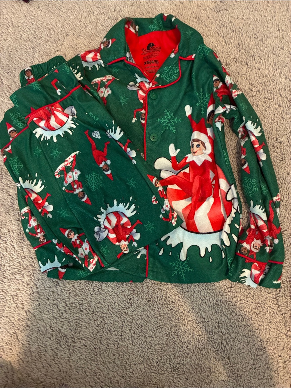 Green Holiday Kids Pajama Set with Elf Print
